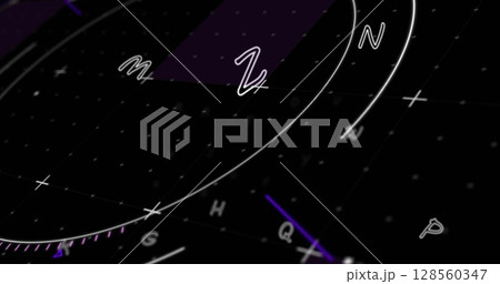 Image of circles and letters on black background 128560347
