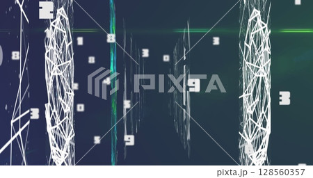 Image of web of connections and icons on black background 128560357