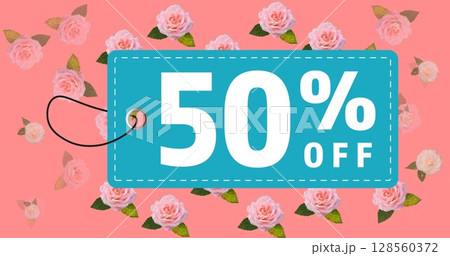 Image of 50 percent off text on blue tag over flowers moving in hypnotic motion 128560372