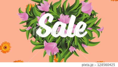 Image of sale text over flowers moving in hypnotic motion 128560425