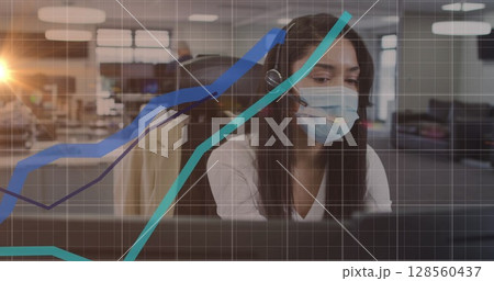 Image of data processing with blue lines over woman wearing face mask in office 128560437