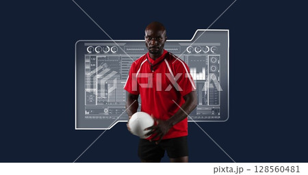 Image of scopes scanning and data processing with rugby player Image of scopes scanning and data processing with rugby player 128560481