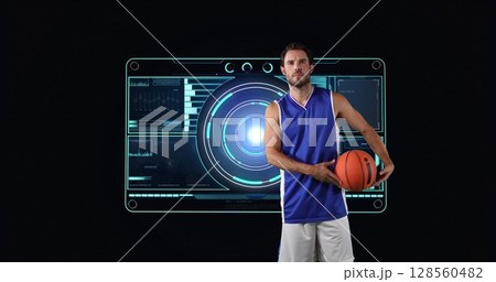 Image of scopes scanning and data processing with male basketball player Image of scopes scanning and data processing with male basketball player 128560482