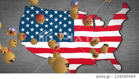 Image of emojis flying over map of america with american flag 128560484