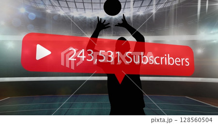 Play icon with increasing subscribers on silhouette of male volleyball player against sports stadium Play icon with increasing subscribers on silhouette of male volleyball player against sports stadium 128560504