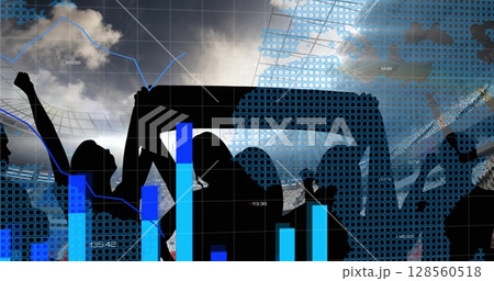 Statistical data processing against silhouette of fans cheering and sports stadium in background 128560518