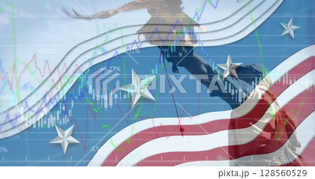 Financial data processing and american flag design pattern against eagle sitting on hand of man 128560529