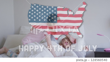 Independence text and american flag over us map against caucasian girl waking up her mom at home 128560540