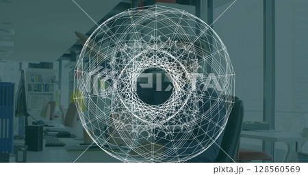 Image of scope scanning over businessman wearing vr headset 128560569