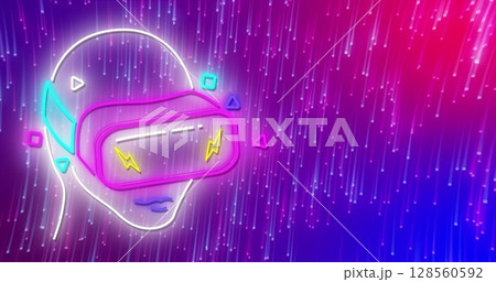 Image of neoen of person in vr headset, over light trails on pink and purple 128560592