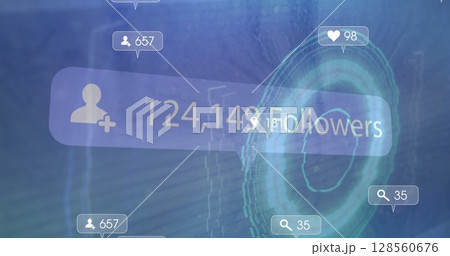 Image of social media icons over scope scanning Image of social media icons over scope scanning 128560676