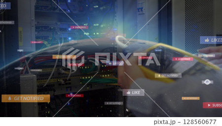 Image of social media icons over globe and computer server 128560677