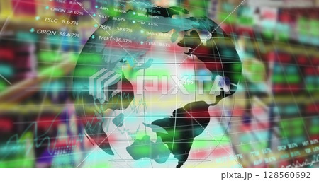 Image of data processing with globe over warehouse Image of data processing with globe over warehouse 128560692