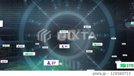 Image of social media icons over 6g text and scope scanning 128560713