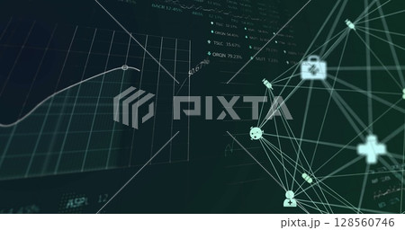 Image of network of connections over data processing on screen 128560746