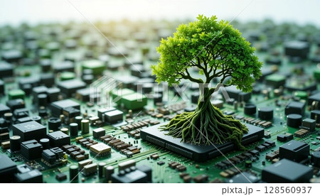 concept of computer motherboard and green trees 128560937