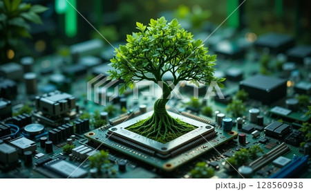 concept of computer motherboard and green trees 128560938