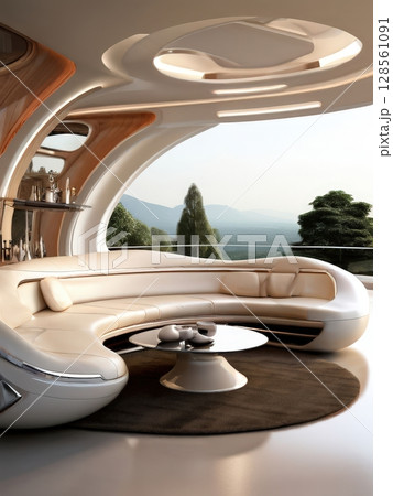 an AI Image Generator, Sleek Futuristic Living Room with Panoramic City Skyline and Contemporary Design 128561091