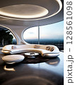 an AI Image Generator, Sleek Futuristic Living Room with Panoramic City Skyline and Contemporary Design 128561098