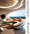 an AI Image Generator, Sleek Futuristic Living Room with Panoramic City Skyline and Contemporary Design 128561099