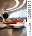 an AI Image Generator, Sleek Futuristic Living Room with Panoramic City Skyline and Contemporary Design 128561101