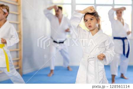 Family with children training karate techniques 128561114