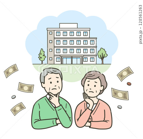 老人ホームまたはマンションへの入居費用を心配し悩む高齢者夫婦 老人ホームまたはマンションへの入居費用を心配し悩む高齢者夫婦 128561263