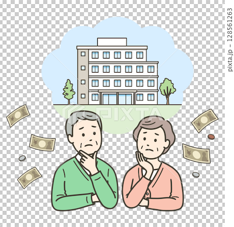 老人ホームまたはマンションへの入居費用を心配し悩む高齢者夫婦 老人ホームまたはマンションへの入居費用を心配し悩む高齢者夫婦 128561263