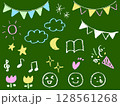 黒板にチョークで書いたガーランドや音符や天気の記号イラスト　かわいい装飾素材セット 128561268