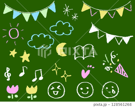 黒板にチョークで書いたガーランドや音符や天気の記号イラスト　かわいい装飾素材セット 128561268