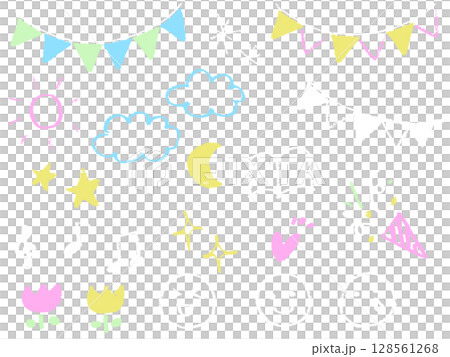黒板にチョークで書いたガーランドや音符や天気の記号イラスト　かわいい装飾素材セット 128561268