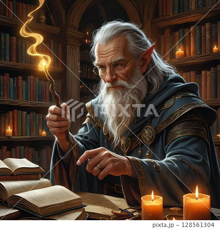 机で火の魔法を使い、魔法書を読む魔法使い 128561304