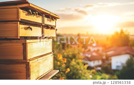 Bees clustering on a wooden beehive with golden sunset light ove Bees clustering on a wooden beehive with golden sunset light ove 128561338