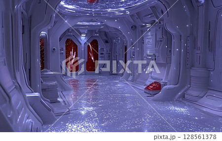 Futuristic spaceship corridor interior purple and white sci fi design 128561378