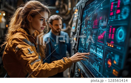 Futuristic control panel woman and man engineers working on advanced technology 128561414