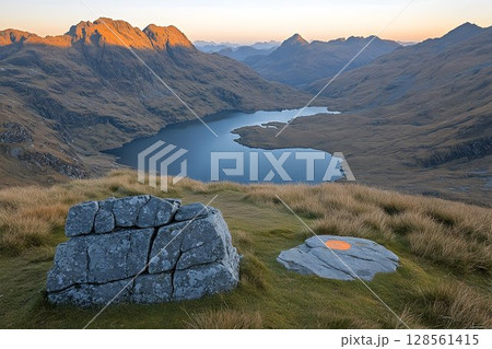 Sunrise mountain lake landscape golden hour view 128561415