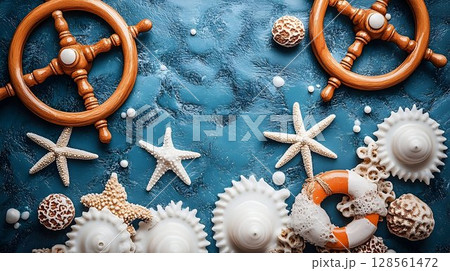 Nautical theme background with seashells starfish and ship wheels 128561472