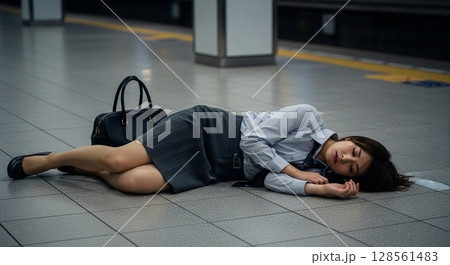 駅で泥酔して寝る女性 128561483