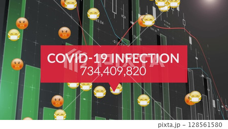 Image of numbers changing over statistics and emojis 128561580