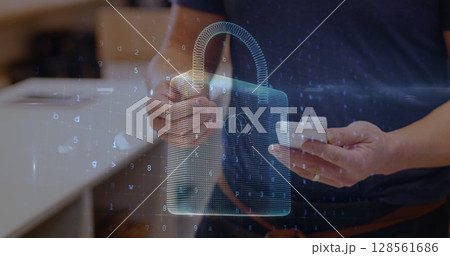 Image of network security padlock over people using payment terminal 128561686