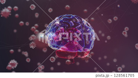Image of covid 19 cells with human brain spinning 128561705