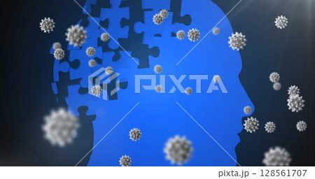 Image of covid 19 cells and human brain formed with puzzle pieces Image of covid 19 cells and human brain formed with puzzle pieces 128561707