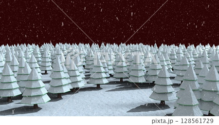 Image of snow falling over white fir trees and winter landscape 128561729