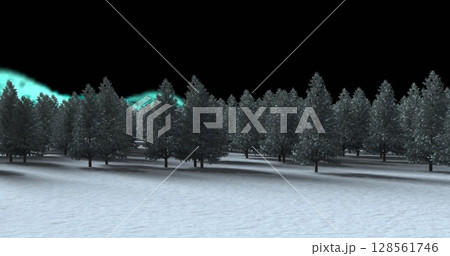 Multiple trees on winter landscape over green glowing digital wave against blue background 128561746