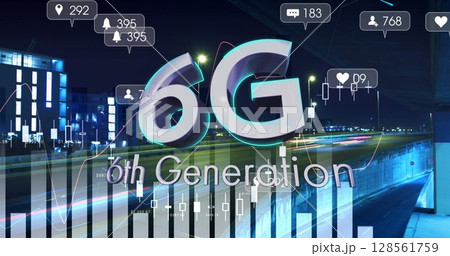 Image of 6g text over data processing and cityscape 128561759