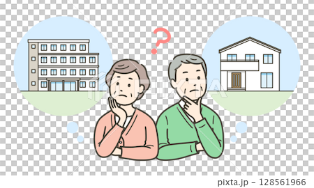 老後にマンション及び老人ホームへの入居か一軒家かで悩む高齢者夫婦 老後にマンション及び老人ホームへの入居か一軒家かで悩む高齢者夫婦 128561966