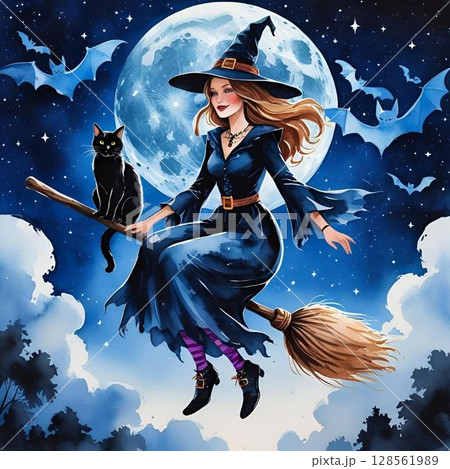 月夜に魔法の箒で空を飛ぶ黒猫と魔女 月夜に魔法の箒で空を飛ぶ黒猫と魔女 128561989