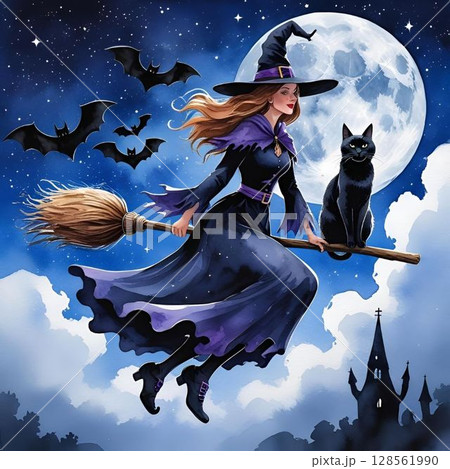 月夜に魔法の箒で空を飛ぶ黒猫と魔女 128561990