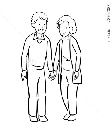 笑顔で手を繋いでいる幸せそうなシニアの男女のモノクロームのイラスト 128562087