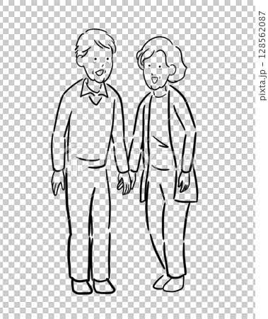 Monochrome illustration of happy senior men and women smiling and holding hands 128562087